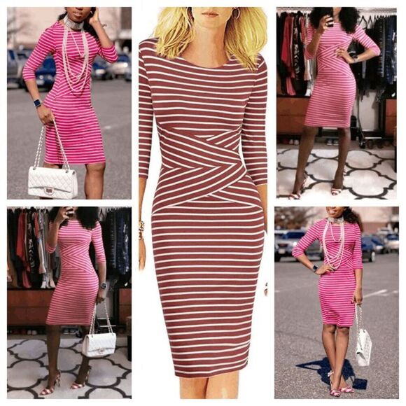 NWT Striped 3/4 Sleeve Office Work Business Cocktail Pencil Dress SIZE XL - Picture 5 of 13